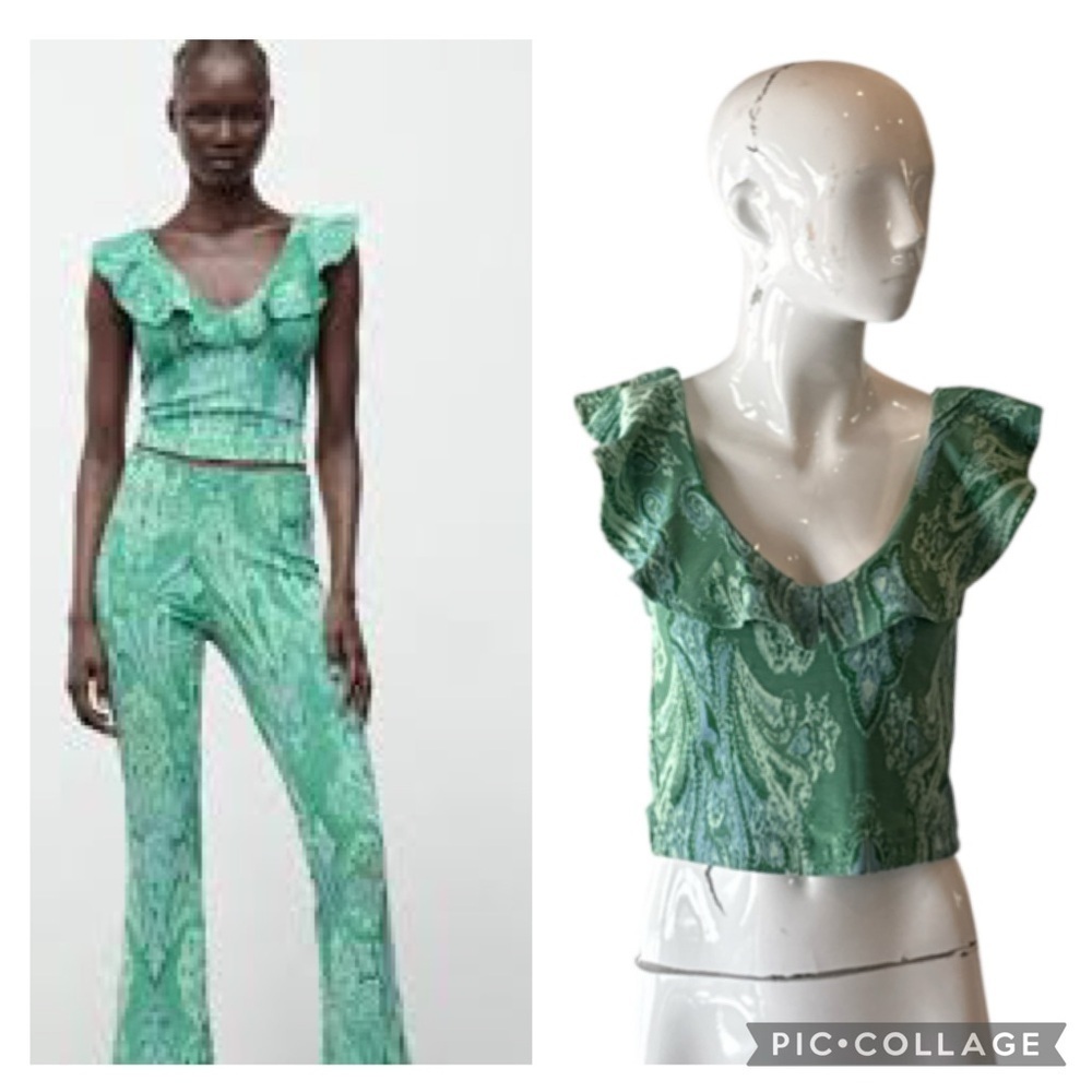 Zara Firfirle Jakarli Boho Green Paisley Ruffled Crop Top Size Small